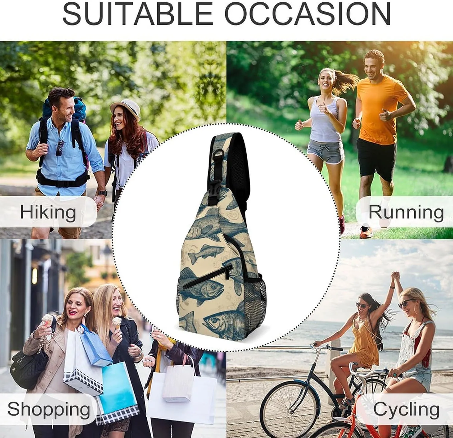 Small Crossbody Sling Backpack Vintage Different Fish Chest Bags for Traveling Chest Fashion Shoulder Bag