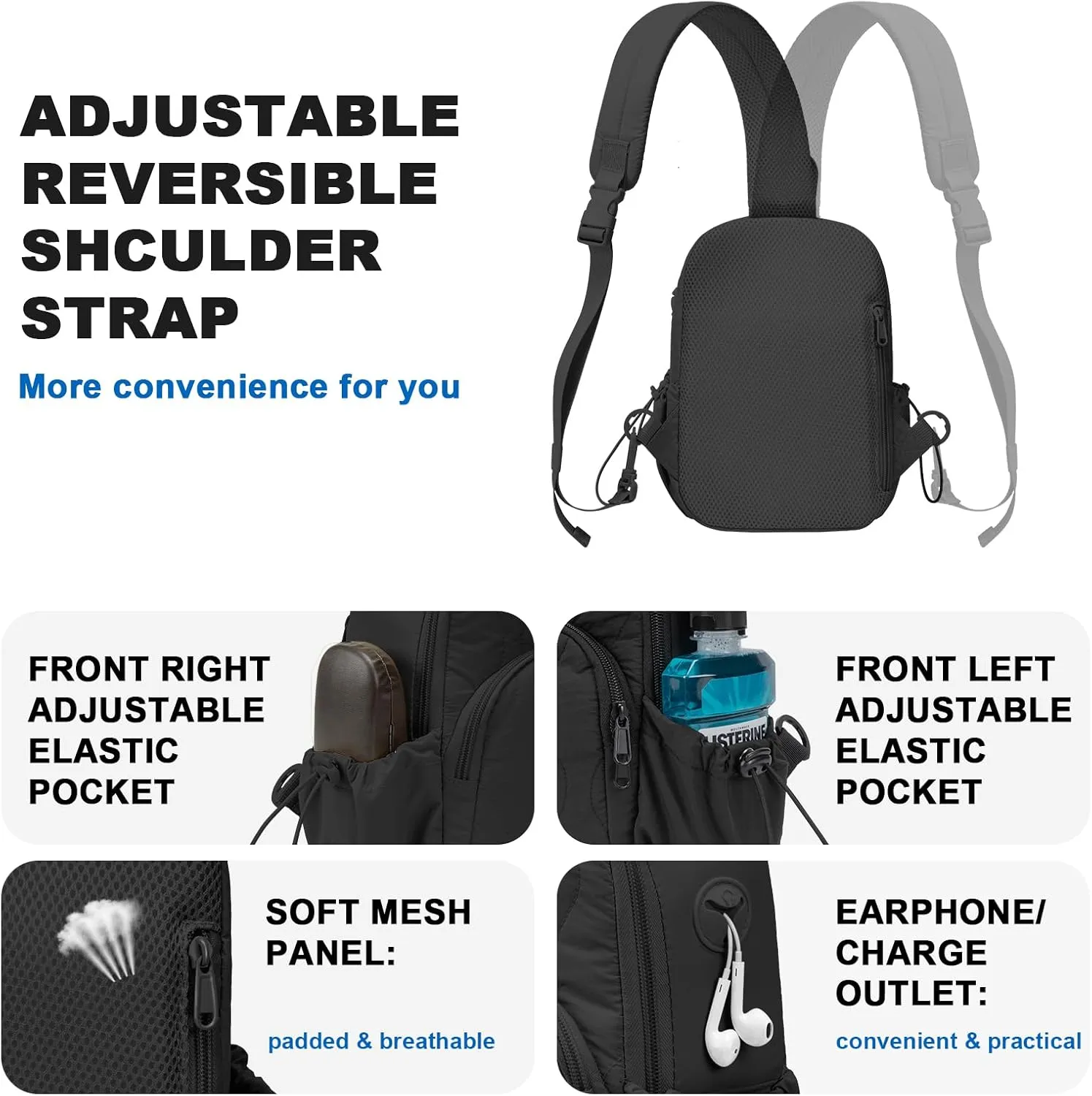 Small Sling Bag for Women Crossbody Backpack Adjustable Strap Sling Backpack for Daypack Casual Traveling Hiking Sports(Dark black)