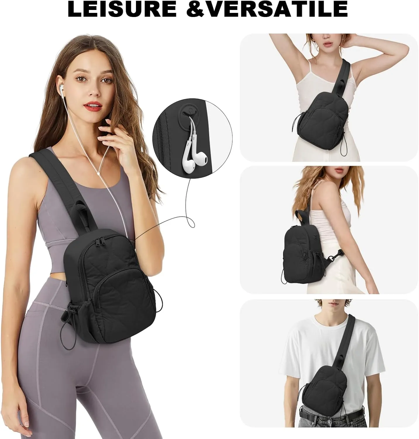 Small Sling Bag for Women Crossbody Backpack Adjustable Strap Sling Backpack for Daypack Casual Traveling Hiking Sports(Dark black)