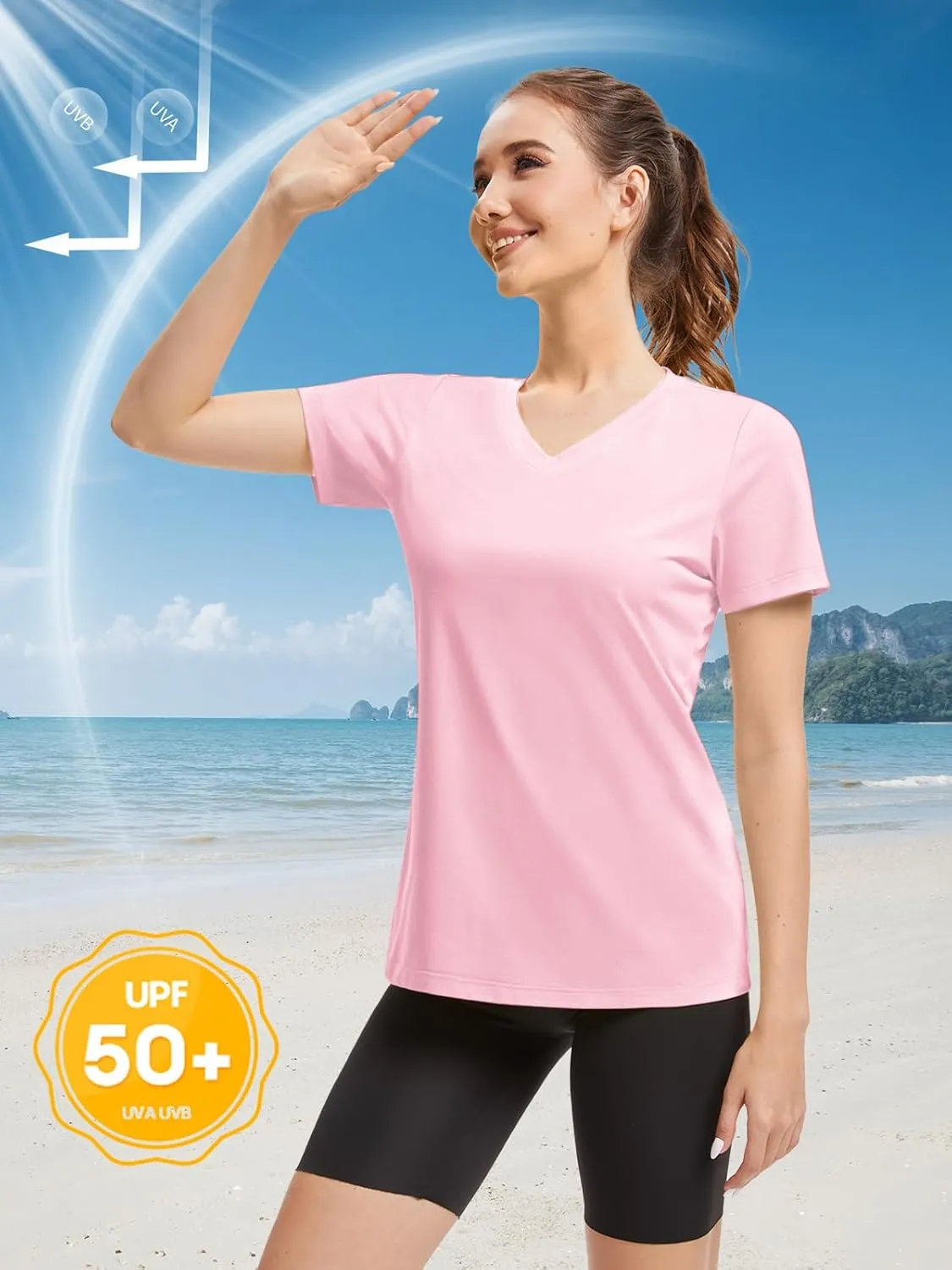 SMENG Basic Vneck Tshirts for Women UPF50  Soft Breathable Workout Shirts Short Sleeve Casual Summer Tops Trendy
