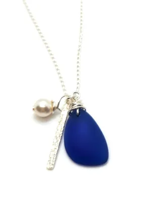 Starry Night Cobalt Blue Seaglass Charm Necklace with Sterling Silver Chain, Bar Charm, and Crystal Pearl Charm, by Aimee Tresor