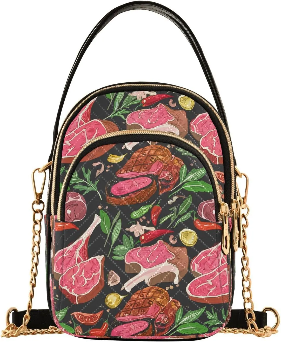Steak Pepper Herbs Black Multi Pockets Crossbody Bags for Women Zip Cell Phone Purse Wallet Bag with Detachable Shoulder Strap Cross Body Handbag for Women Girls Trendy Gift Traveling Shopping