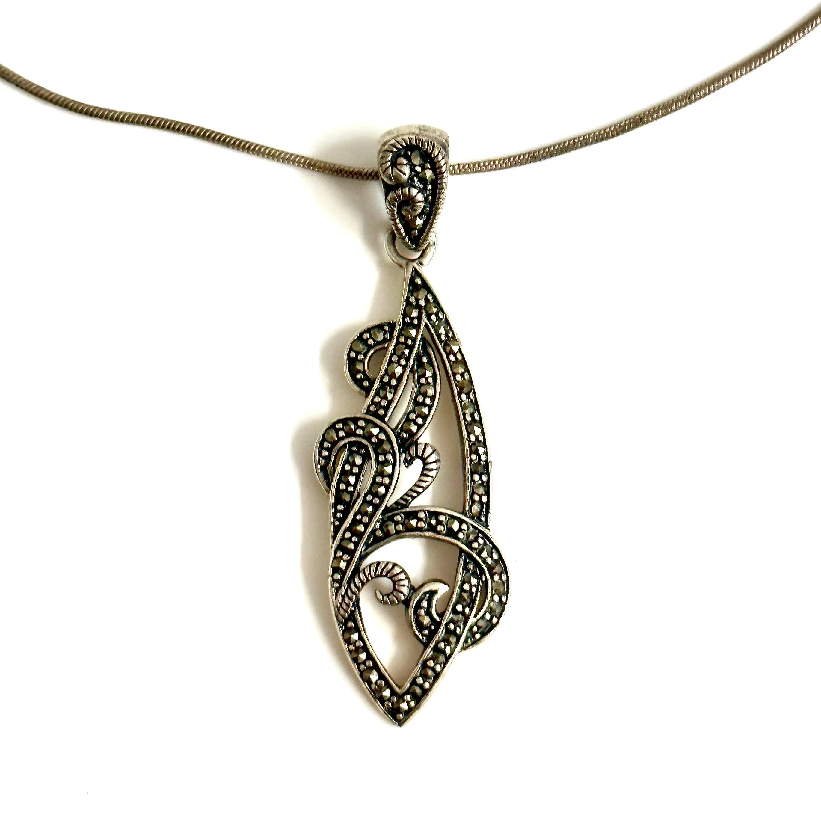 Sterling Silver Marcasite Pendant and Snake Chain