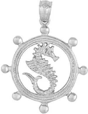 Sterling Silver Ship Wheel w/Seahorse Pendant, Made in USA, 18" Italian Box Chain
