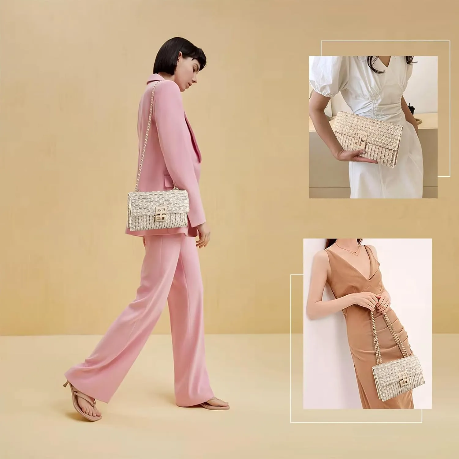 Straw Clutch Purse Crossbody Bag for Women Designer Evening Handbag Casual Summer Beach Straw Shoulder Bag
