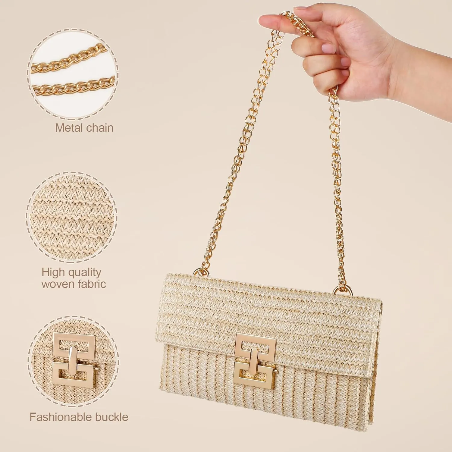 Straw Clutch Purse Crossbody Bag for Women Designer Evening Handbag Casual Summer Beach Straw Shoulder Bag