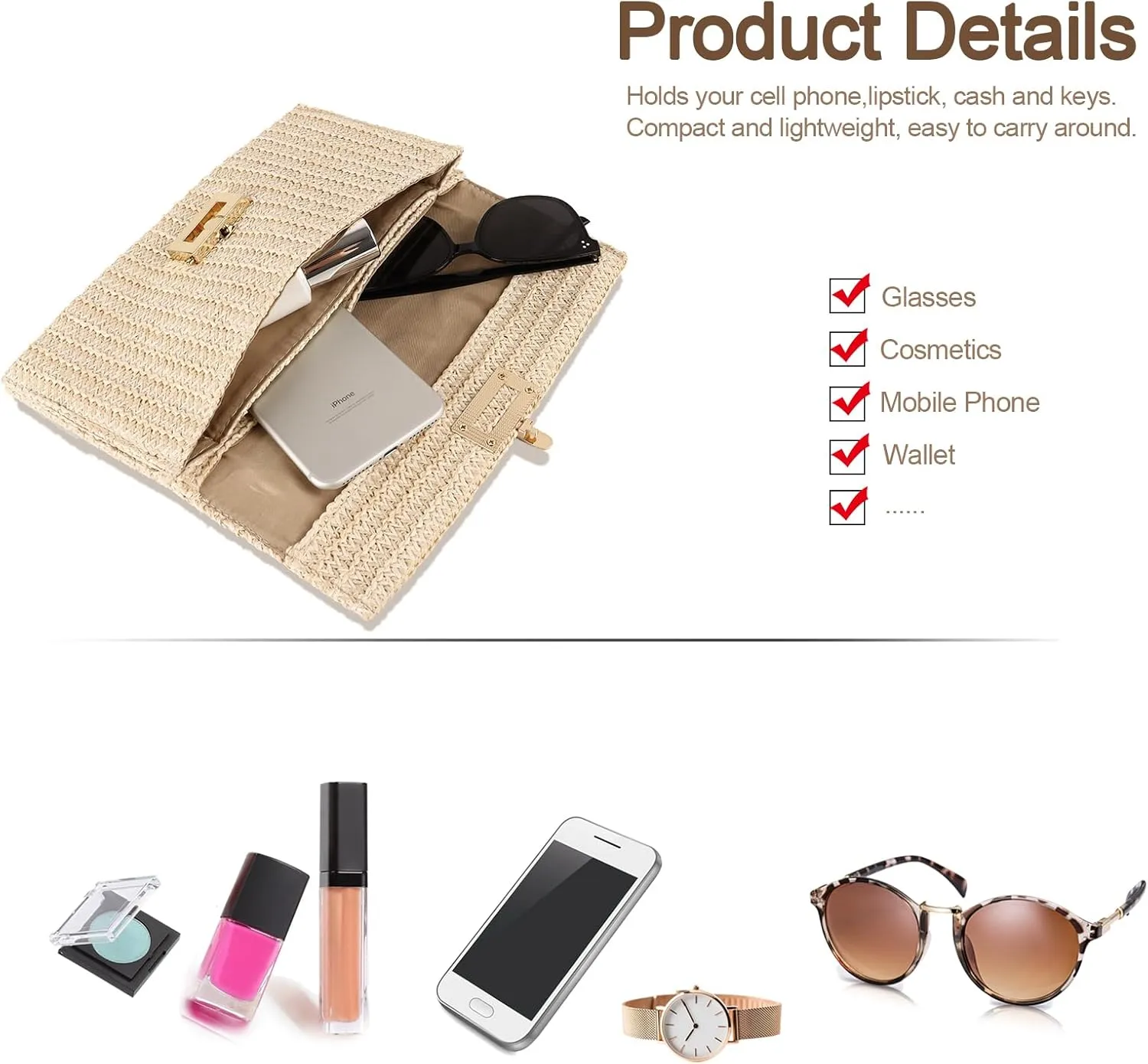 Straw Clutch Purse Crossbody Bag for Women Designer Evening Handbag Casual Summer Beach Straw Shoulder Bag