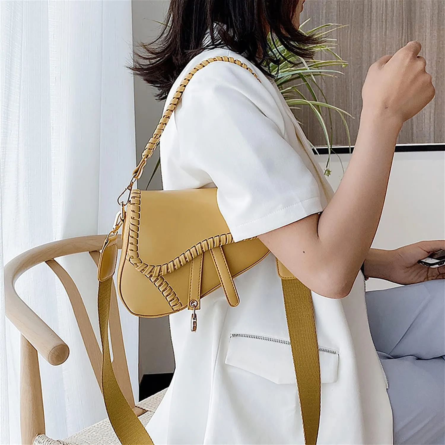 Stylish Saddle Shoulder Bag For Women,Casual Underarm Clutch Purse,Braided Handbag Satchel,PU Leather Crossbody Bag