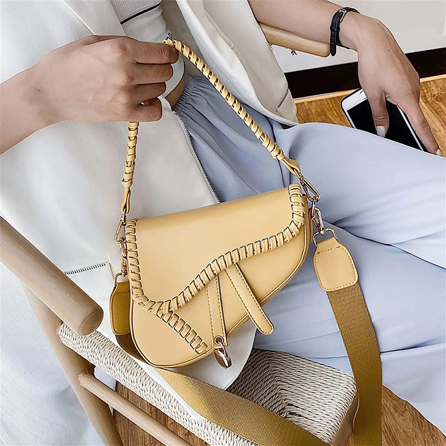 Stylish Saddle Shoulder Bag For Women,Casual Underarm Clutch Purse,Braided Handbag Satchel,PU Leather Crossbody Bag