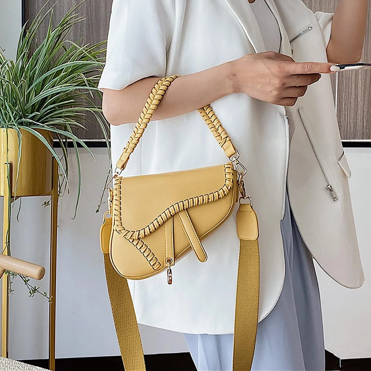 Stylish Saddle Shoulder Bag For Women,Casual Underarm Clutch Purse,Braided Handbag Satchel,PU Leather Crossbody Bag