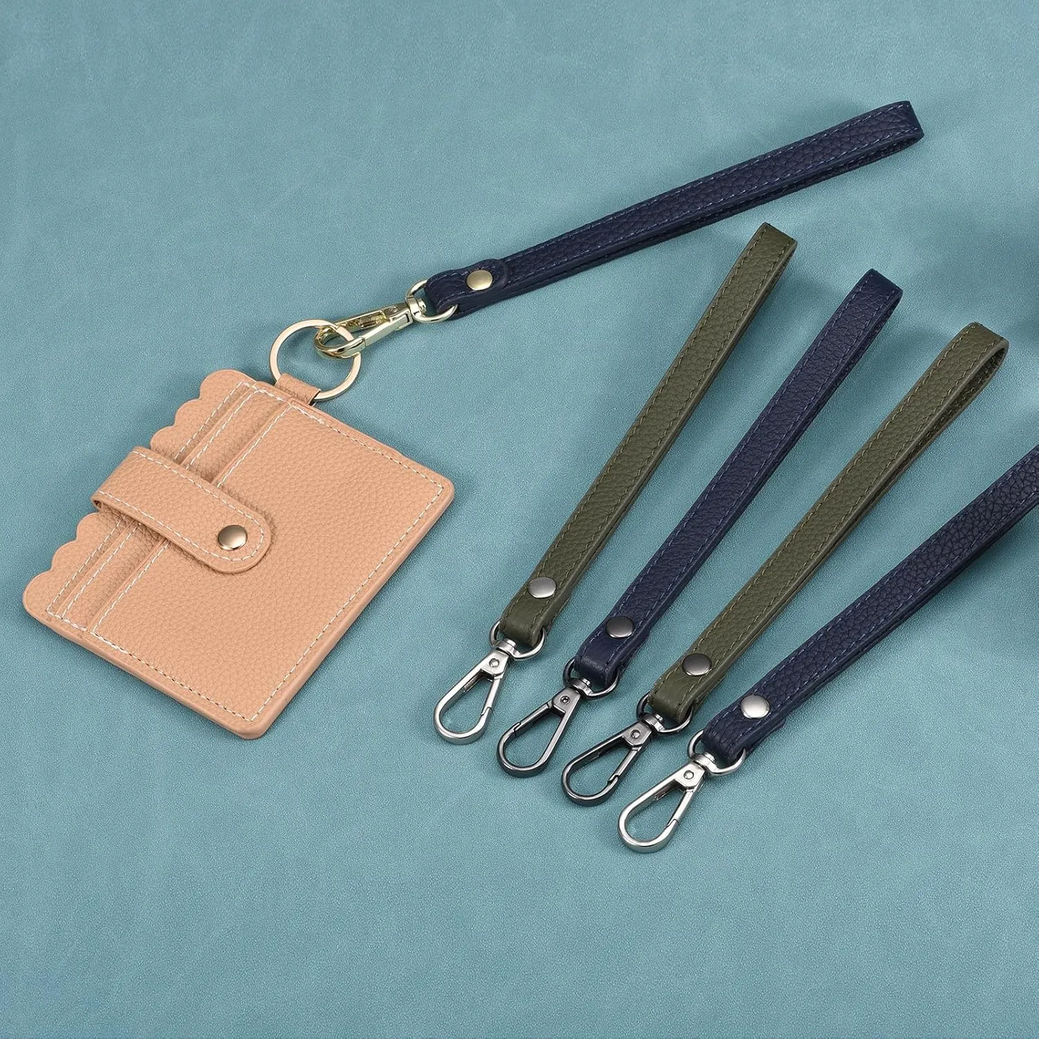 SUIKIHUM Leather Wristlet Strap, (20cm/7.87" Long KeyChain Hand Strap) Leather Metal Buckle Wrist Strap for Purse, Clutch, Keychain, Linen Blue Leather Black Clasp