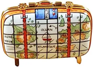 SUITCASE W/MAPS - LIMOGES BOX AUTHENTIC PORCELAIN FIGURINE FROM FRANCE