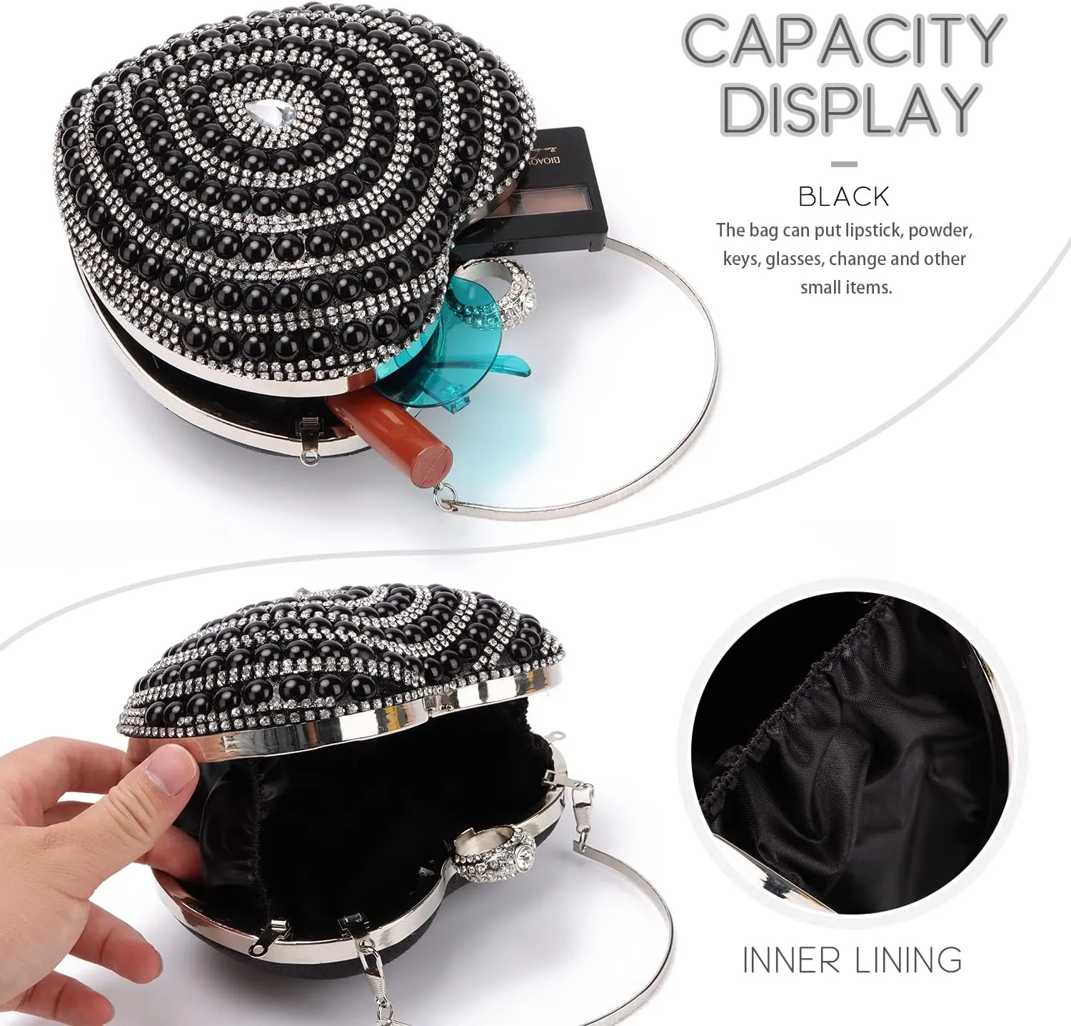 SUKUTU Cute Heart Shape Clutch Bag Women Elegant Pearl Rhinstone Evening Purse Wedding Party Bridal Prom Handbag