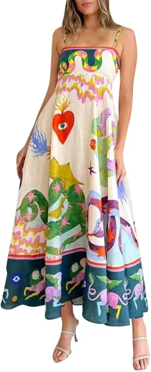 Summer Dresses for Women Vacation Spaghetti Strap Graffiti Sleeveless Swing Sundress Boho Beach Maxi Cami Dress