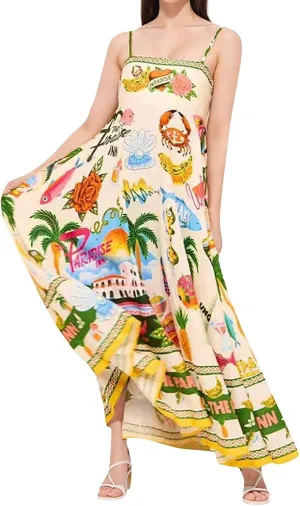 Summer Dresses for Women Vacation Spaghetti Strap Graffiti Sleeveless Swing Sundress Boho Beach Maxi Cami Dress