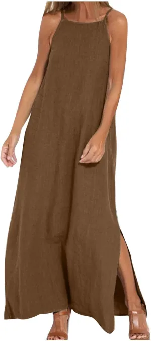 Summer Fashoin Women Solid Color Breathable Maxi Dress Loose Casual Pleated Sleeveless Strapes Long Dresses
