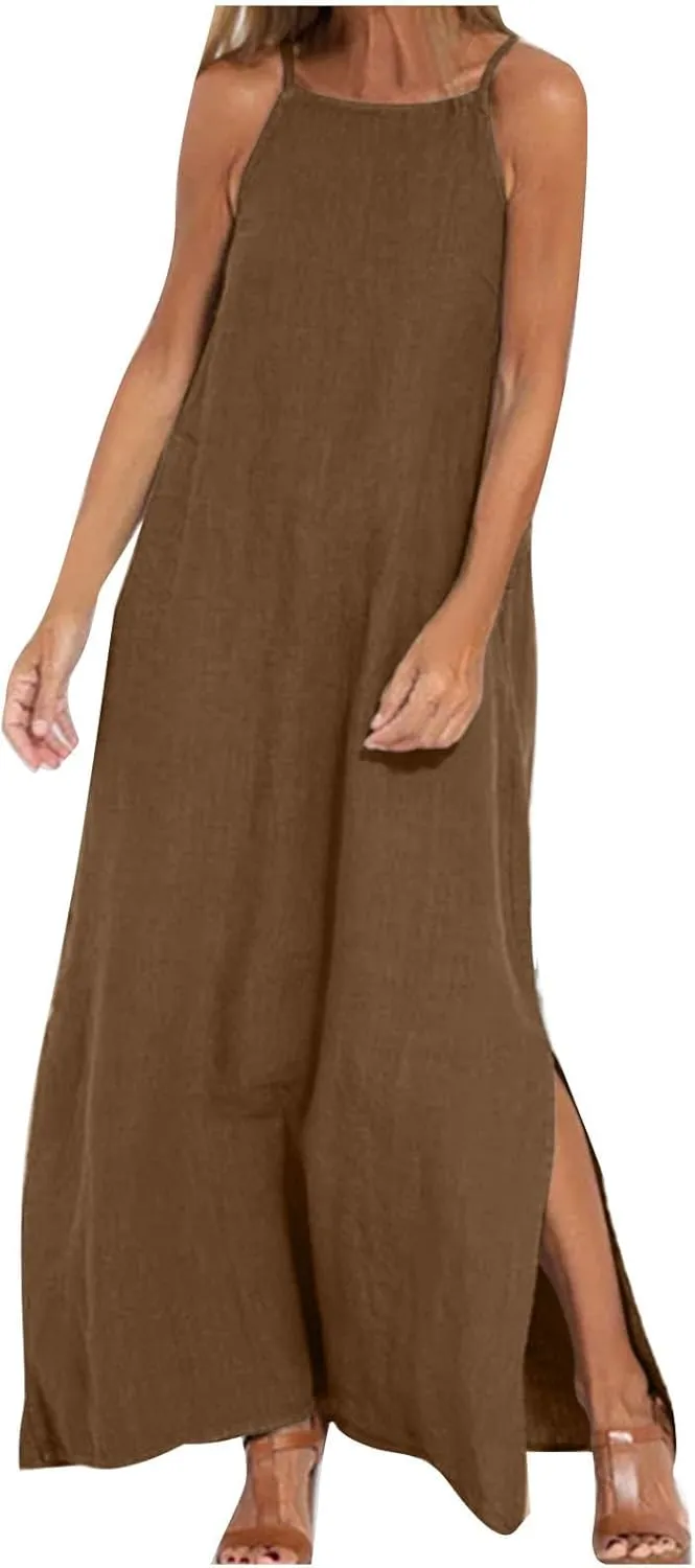 Summer Fashoin Women Solid Color Breathable Maxi Dress Loose Casual Pleated Sleeveless Strapes Long Dresses
