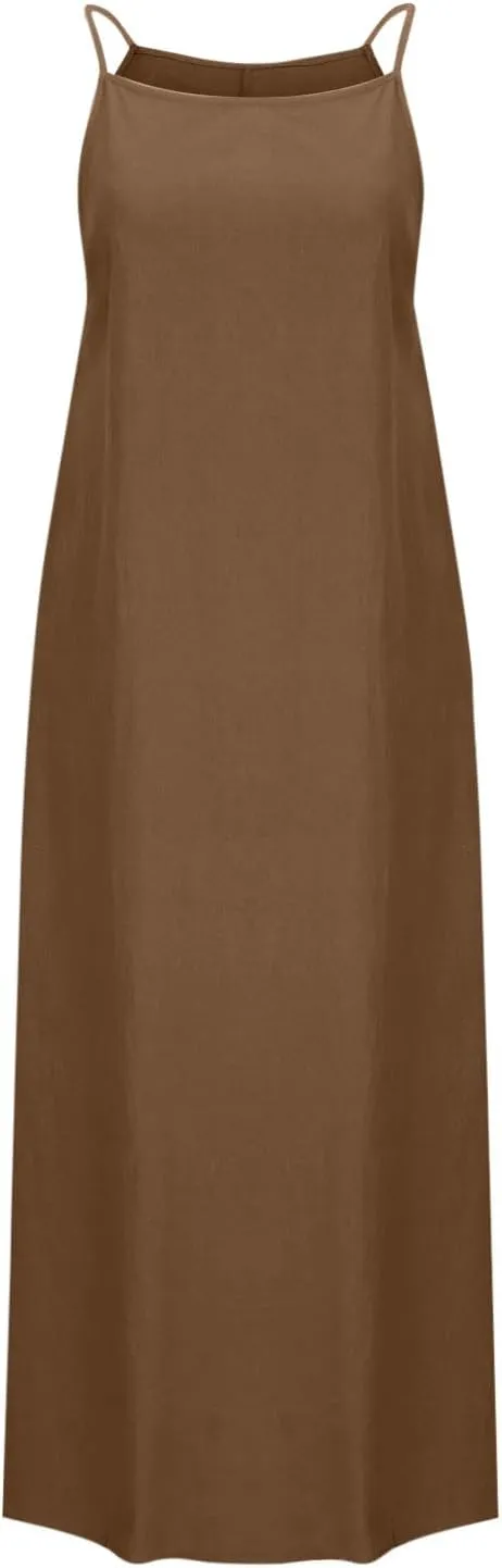 Summer Fashoin Women Solid Color Breathable Maxi Dress Loose Casual Pleated Sleeveless Strapes Long Dresses