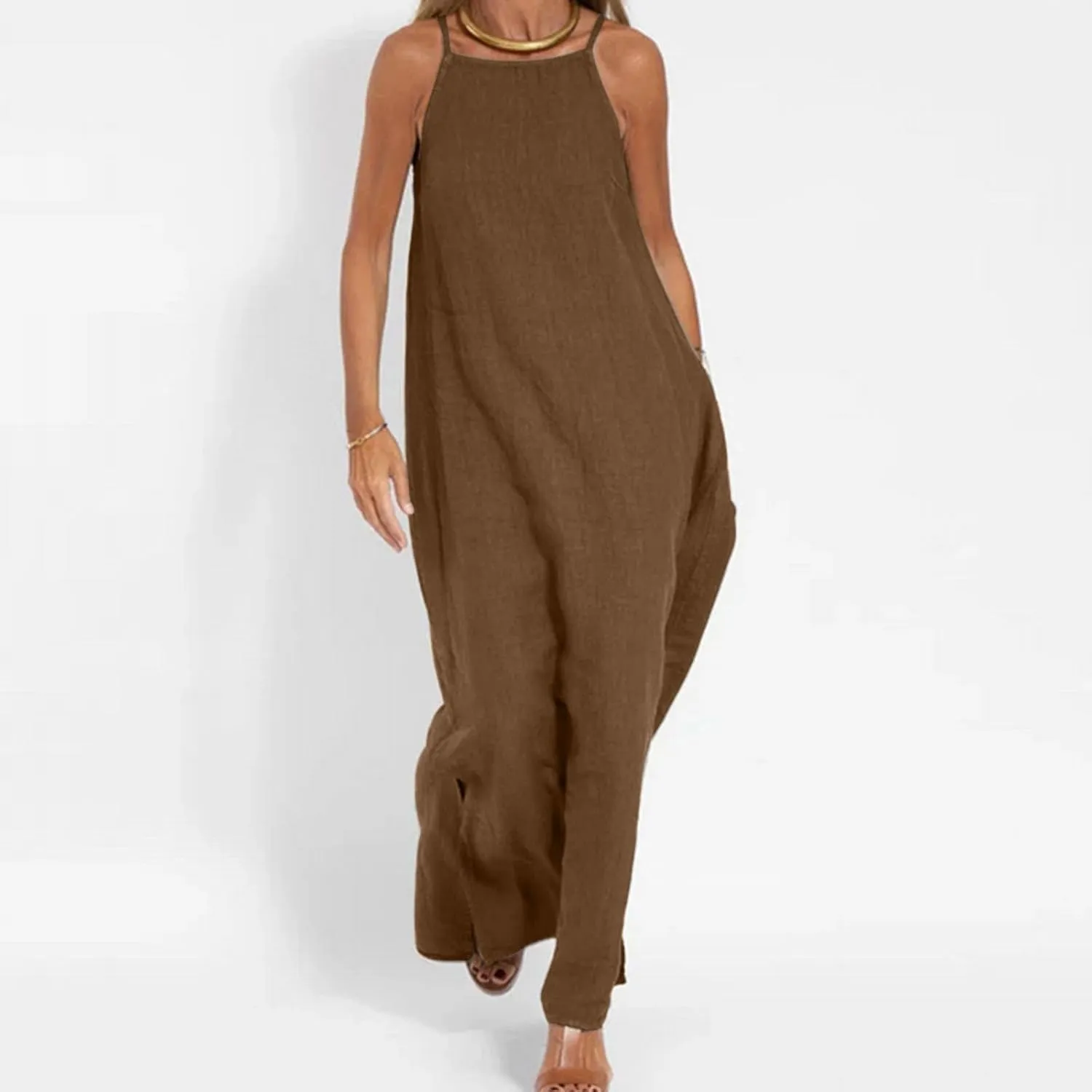Summer Fashoin Women Solid Color Breathable Maxi Dress Loose Casual Pleated Sleeveless Strapes Long Dresses