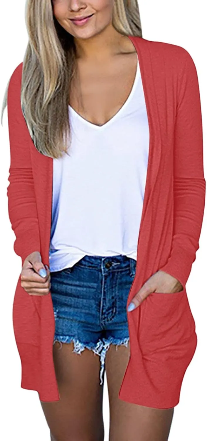 Summer Women's Long Sleeve Open Front Cardigan Casual Loose Lightweight Tops with Pockets