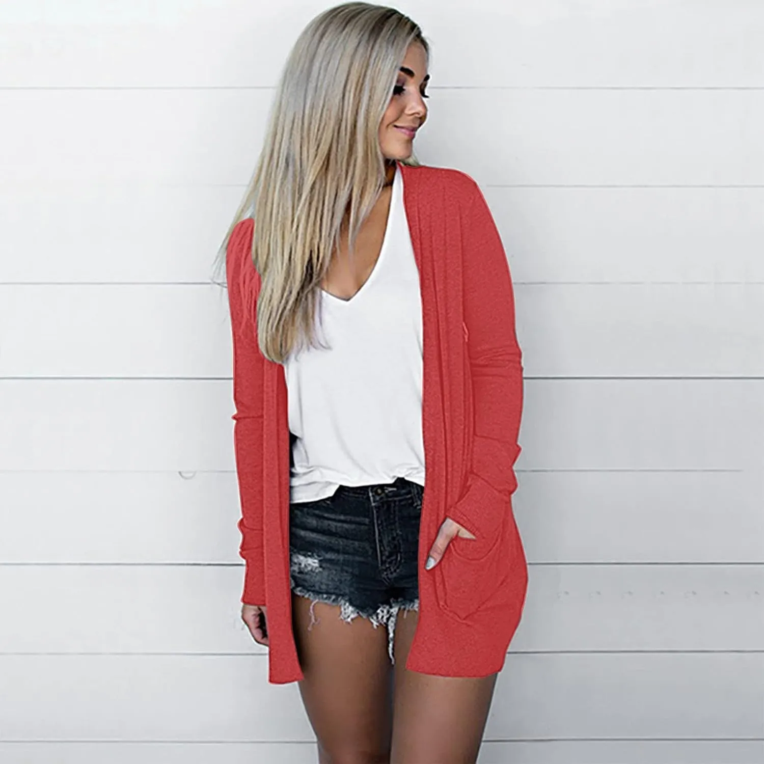 Summer Women's Long Sleeve Open Front Cardigan Casual Loose Lightweight Tops with Pockets