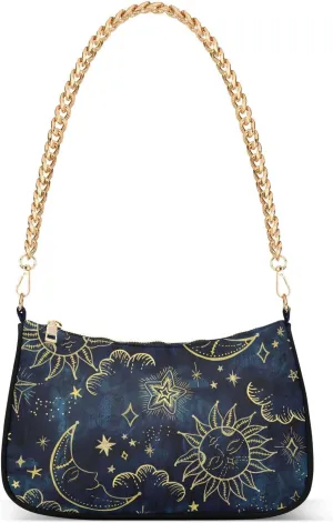 Sun Moon Boho Cosmos Astrology Womens Chain Shoulder Bag Tote Handbag Clutch Hobo Purse with Zipper for Travel Casual