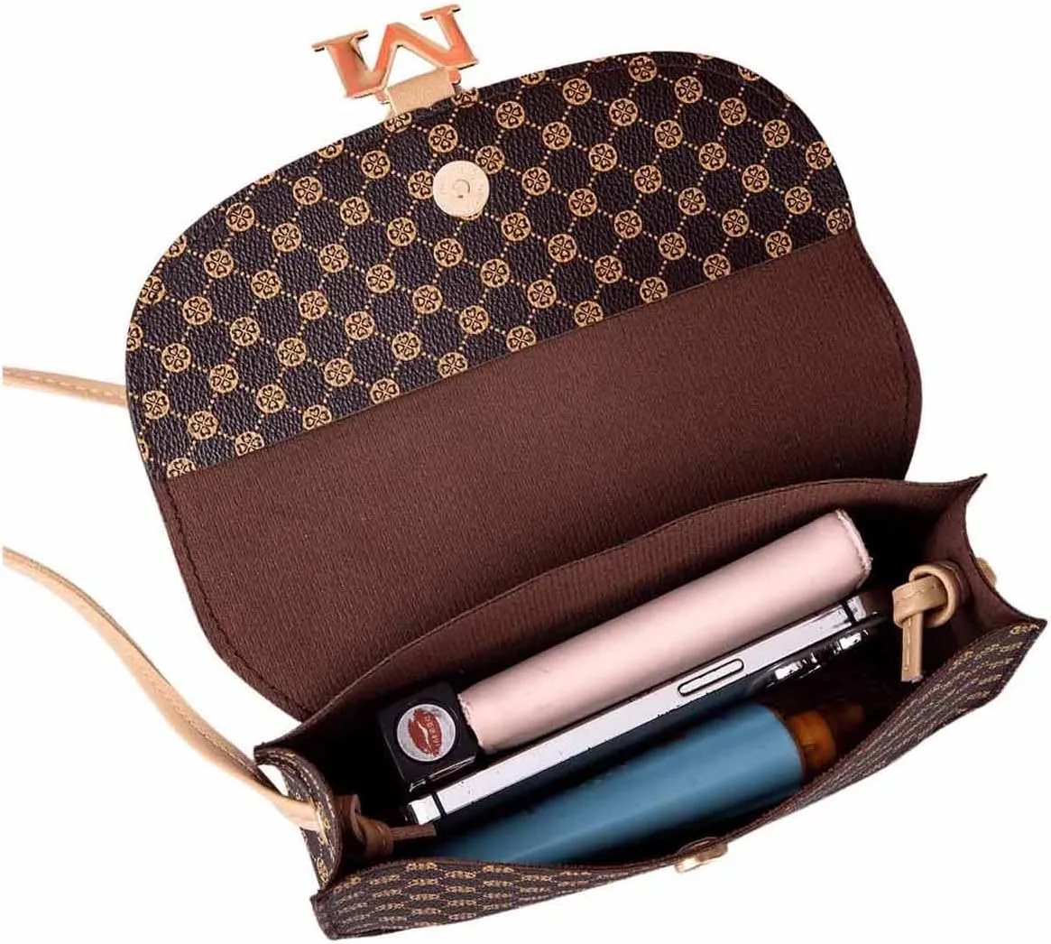 SweatyRocks Women's Allover Print PU Leather Crossbody Bag Vintage Flap Shoulder Bag Business Solid Mini Saddle Bag