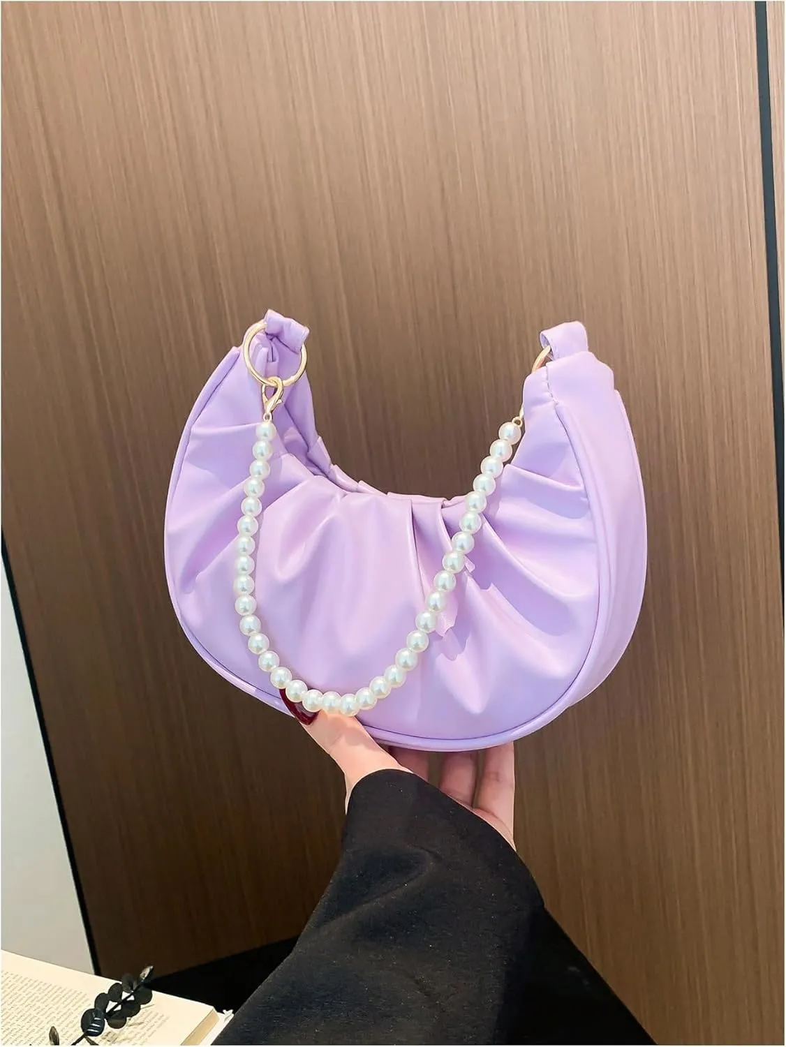 SweatyRocks Women's Elegant Clutch Purse Pearl Strap Shoulder Handbag Small Leather Ruched Bag