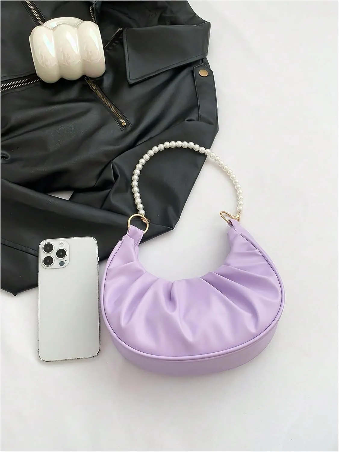 SweatyRocks Women's Elegant Clutch Purse Pearl Strap Shoulder Handbag Small Leather Ruched Bag