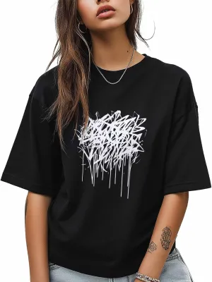T-Shirts for Women Abstract Graffiti Women's Tops Crew Neck Short Sleeve Tees