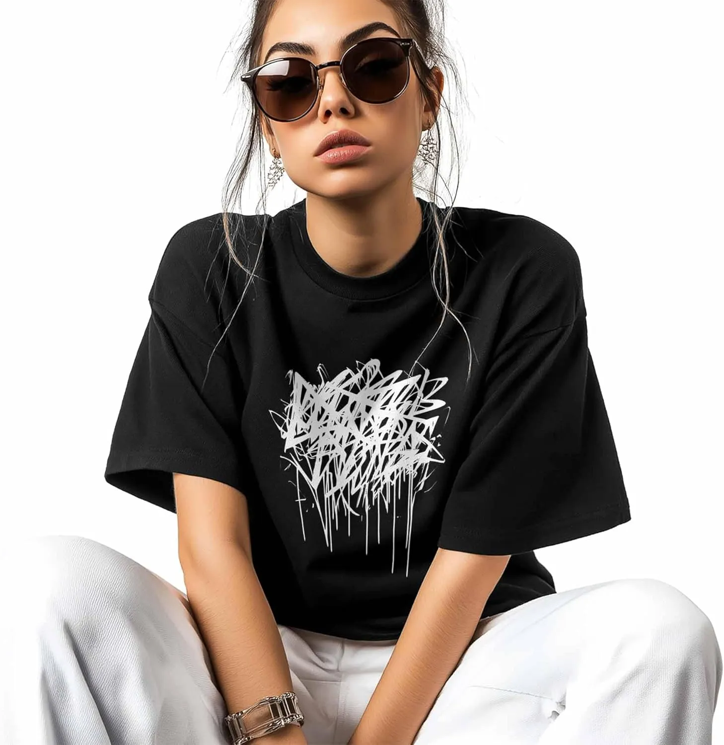 T-Shirts for Women Abstract Graffiti Women's Tops Crew Neck Short Sleeve Tees