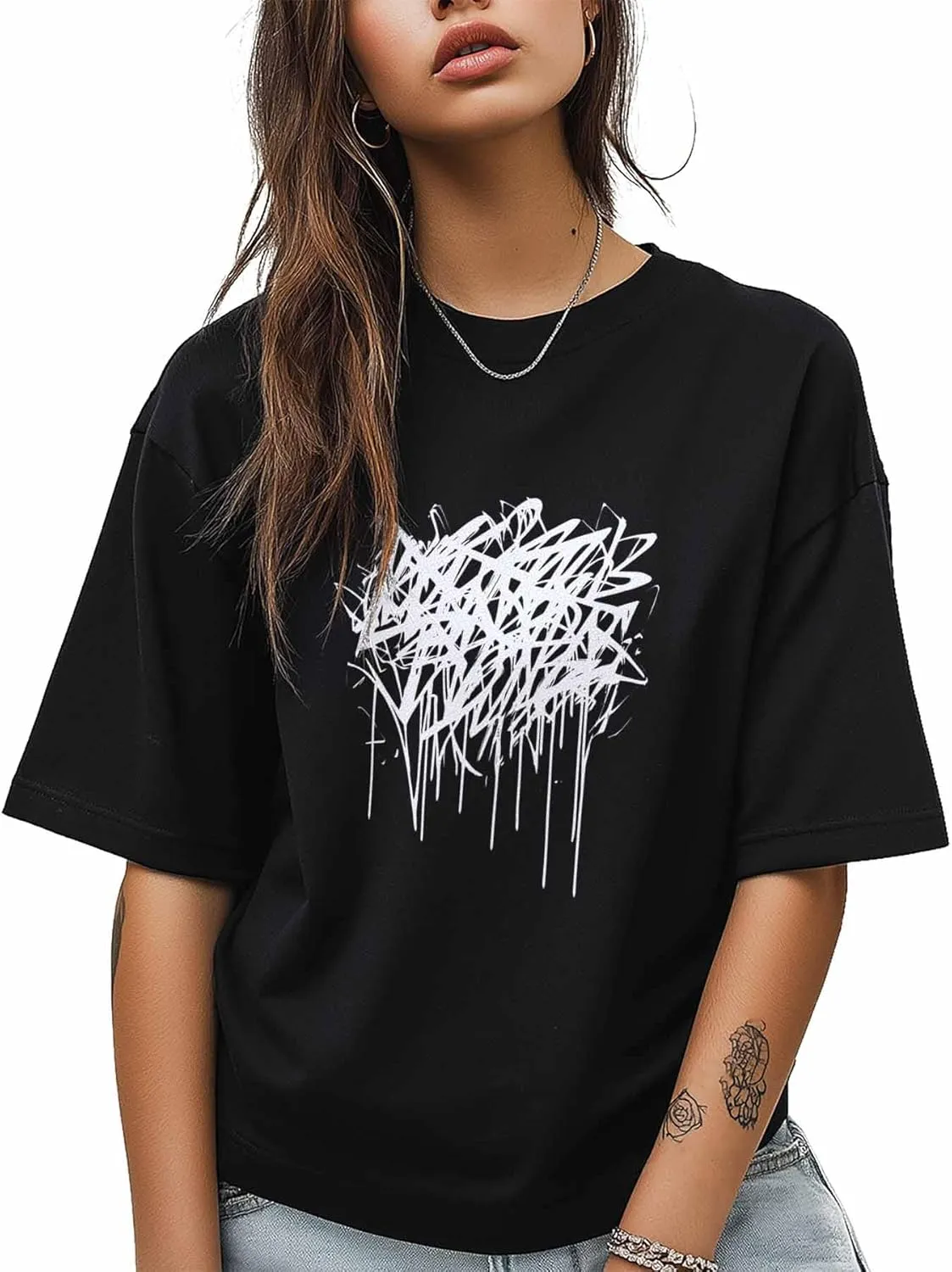 T-Shirts for Women Abstract Graffiti Women's Tops Crew Neck Short Sleeve Tees