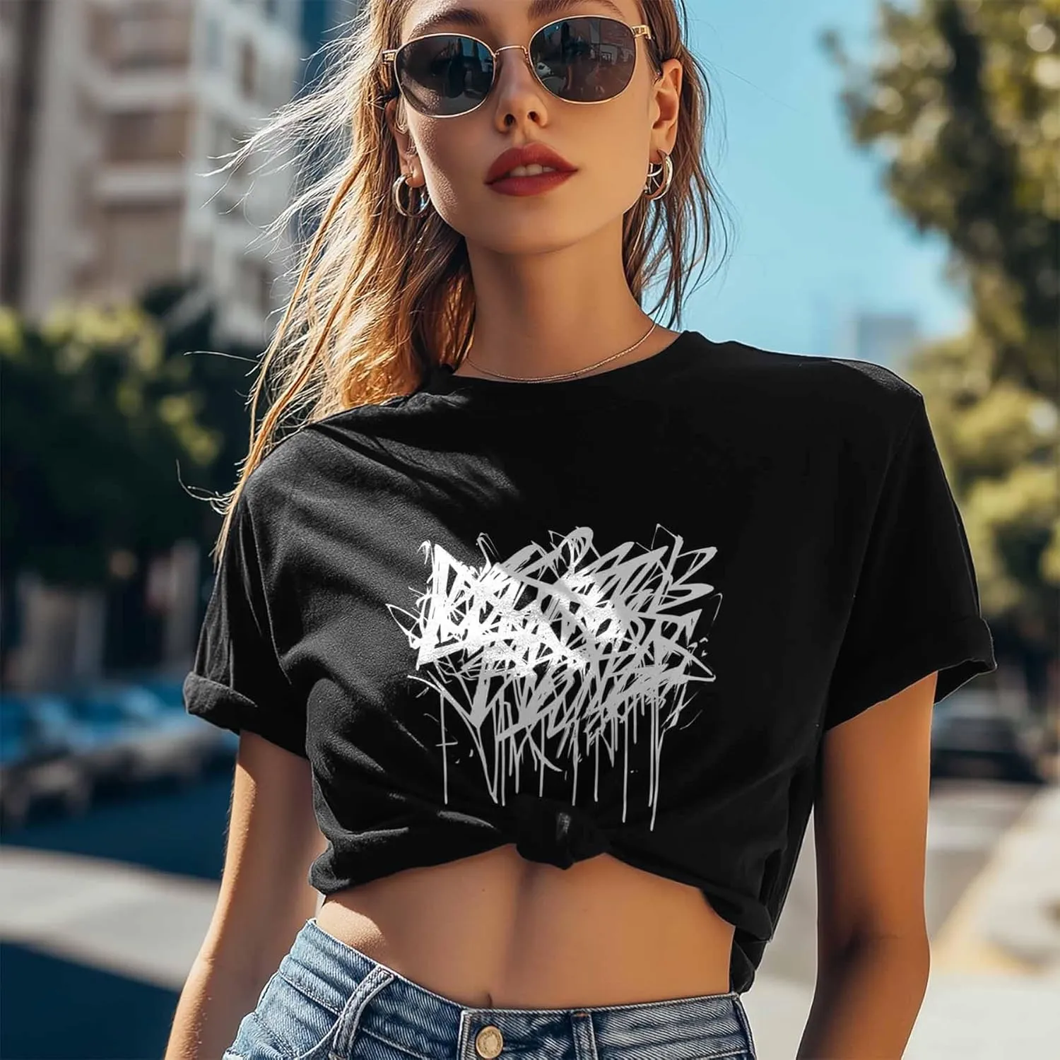 T-Shirts for Women Abstract Graffiti Women's Tops Crew Neck Short Sleeve Tees