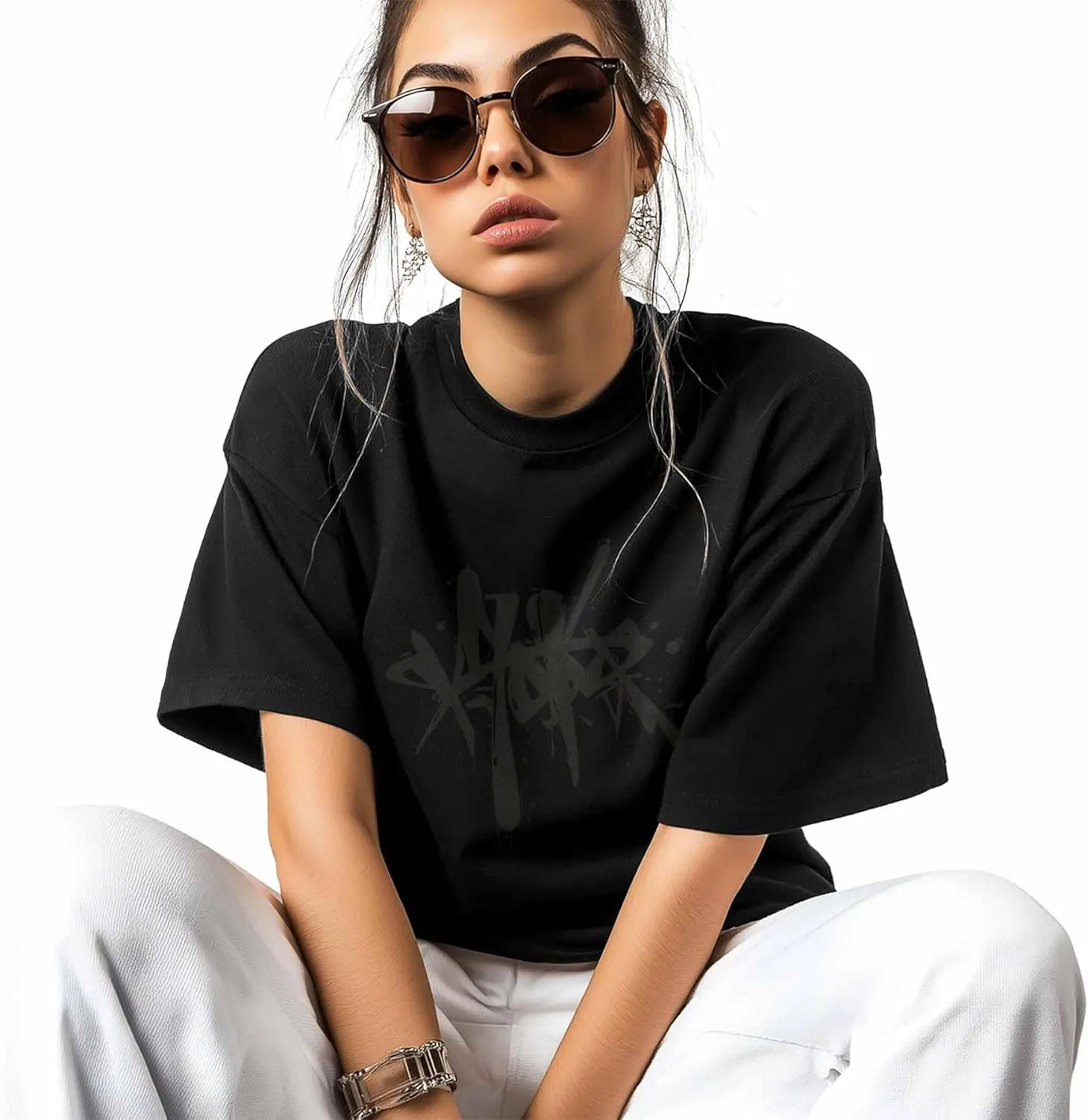 T-Shirts for Women Abstract Hand-Painted Graffiti Women's Tops Crew Neck Short Sleeve Tees