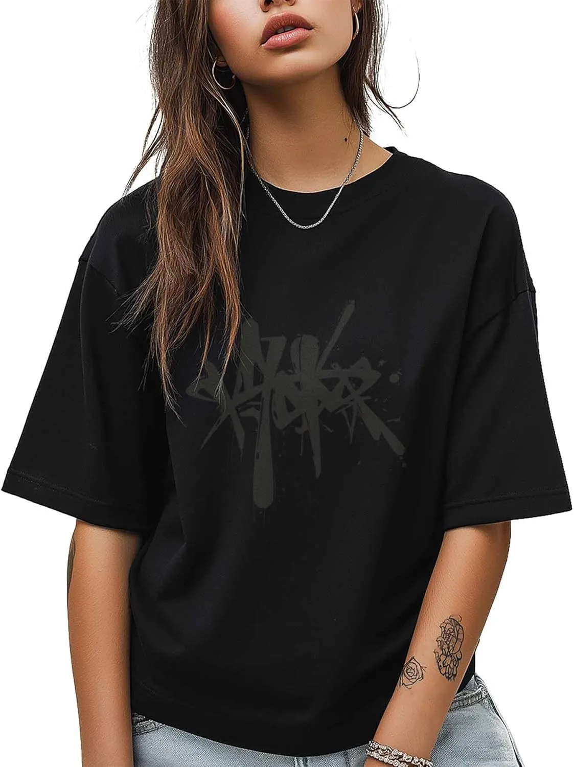 T-Shirts for Women Abstract Hand-Painted Graffiti Women's Tops Crew Neck Short Sleeve Tees
