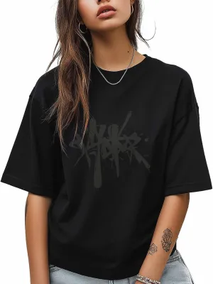 T-Shirts for Women Abstract Hand-Painted Graffiti Women's Tops Crew Neck Short Sleeve Tees