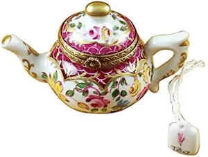 TEAPOT FLOWERS AND MAROON SCALES - LIMOGES BOX AUTHENTIC PORCELAIN FIGURINE FROM FRANCE