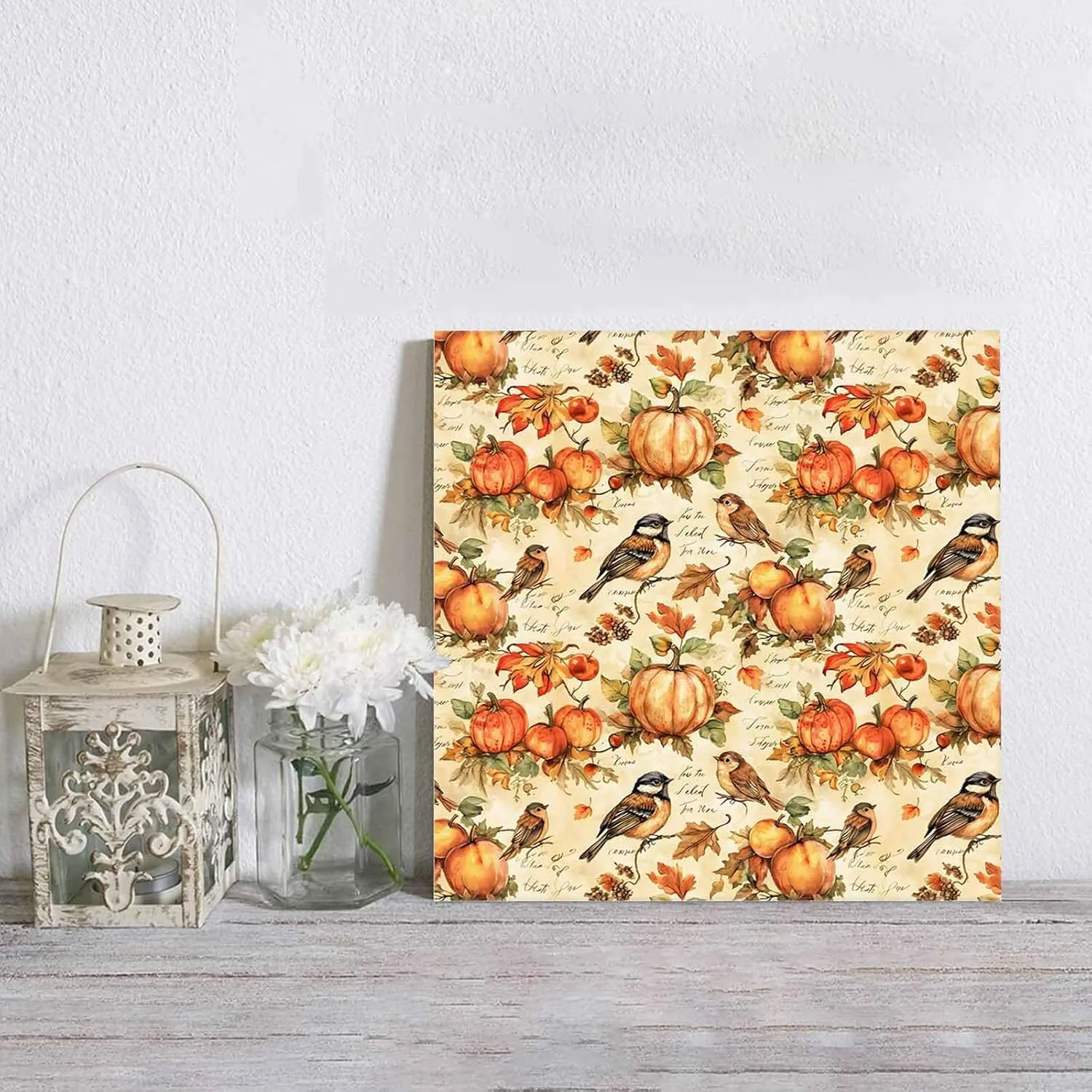 Thanksgiving Canvas Wall Art, Pumpkin Patch Bird Leaf Pastoral Canvas Pictures Framed Artwork Wall Hanging for Living Room Bedroom Office Decorations Ready to Hang Wall Painting, 16" x 16"