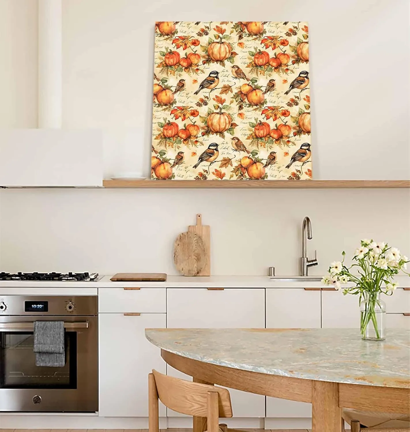 Thanksgiving Canvas Wall Art, Pumpkin Patch Bird Leaf Pastoral Canvas Pictures Framed Artwork Wall Hanging for Living Room Bedroom Office Decorations Ready to Hang Wall Painting, 16" x 16"