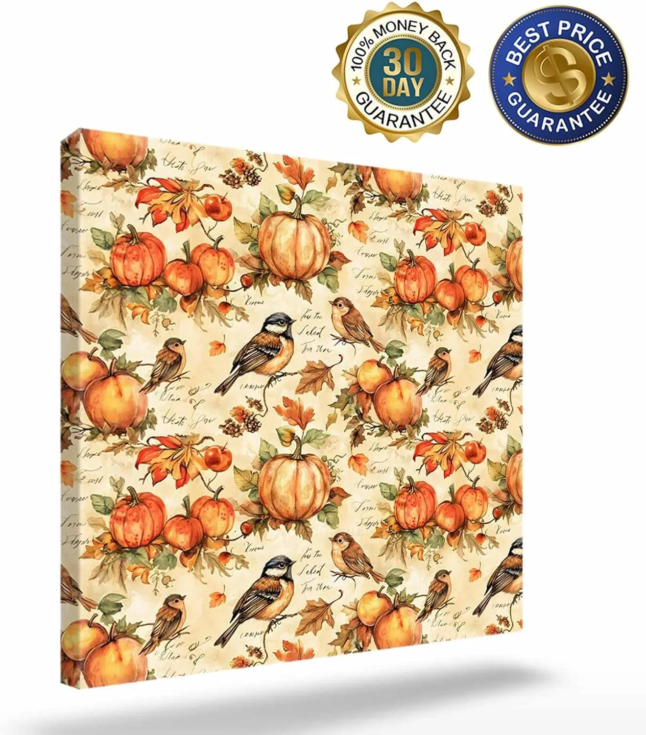 Thanksgiving Canvas Wall Art, Pumpkin Patch Bird Leaf Pastoral Canvas Pictures Framed Artwork Wall Hanging for Living Room Bedroom Office Decorations Ready to Hang Wall Painting, 16" x 16"