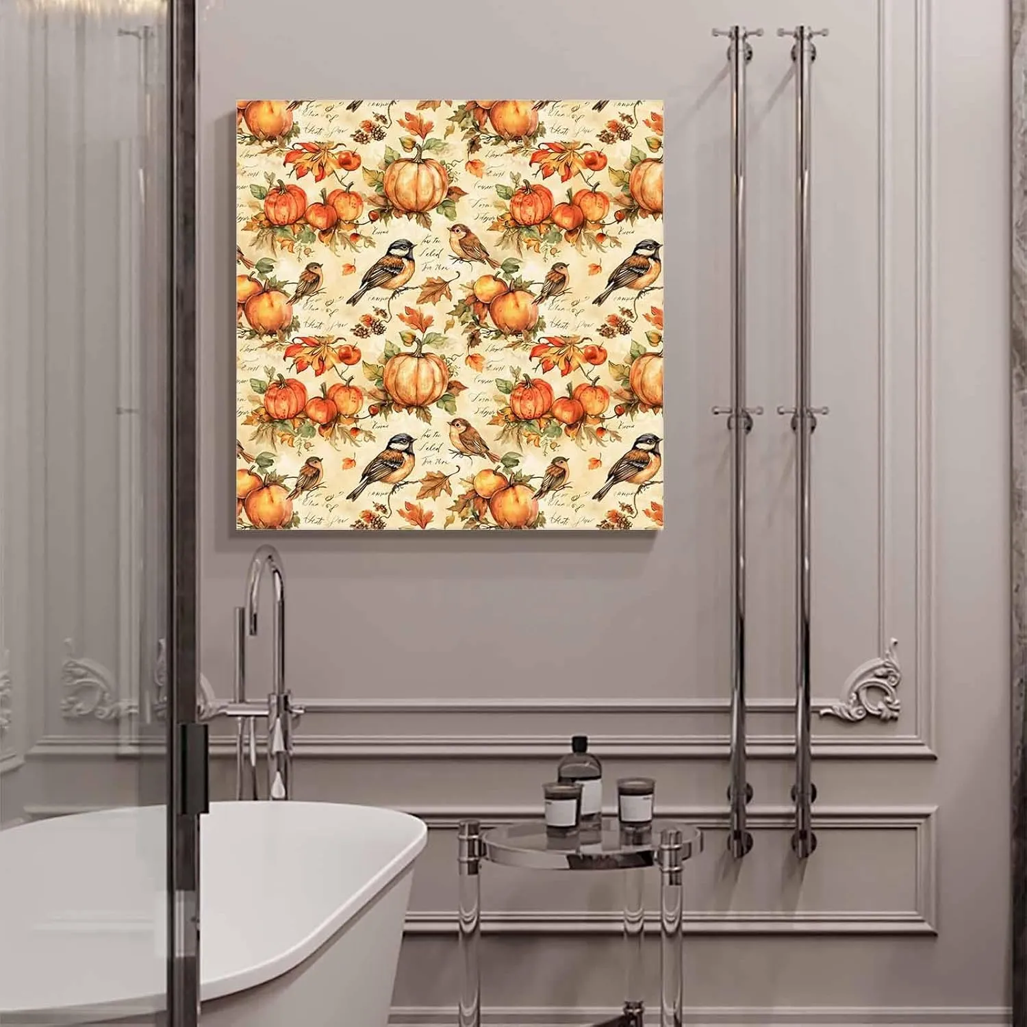 Thanksgiving Canvas Wall Art, Pumpkin Patch Bird Leaf Pastoral Canvas Pictures Framed Artwork Wall Hanging for Living Room Bedroom Office Decorations Ready to Hang Wall Painting, 16" x 16"