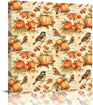 Thanksgiving Canvas Wall Art, Pumpkin Patch Bird Leaf Pastoral Canvas Pictures Framed Artwork Wall Hanging for Living Room Bedroom Office Decorations Ready to Hang Wall Painting, 16" x 16"