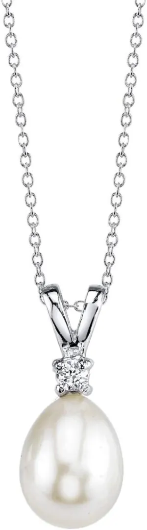 The Pearl Source 8-9mm Genuine White Freshwater Cultured Pearl & Cubic Zirconia Rosalie Pendant Necklace for Women