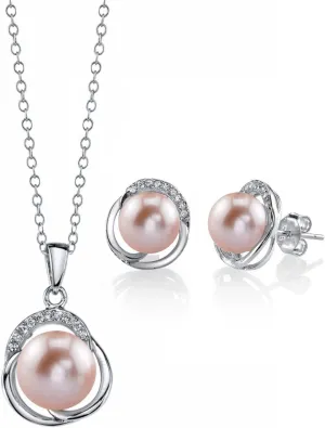 The Pearl Source 8mm & 9mm Freshwater Cultured Pearl & Cubic Zirconia Johnson Pendant & Earrings for Women (Pink)