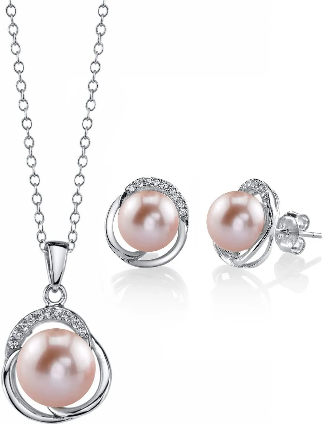 The Pearl Source 8mm & 9mm Freshwater Cultured Pearl & Cubic Zirconia Johnson Pendant & Earrings for Women (Pink)