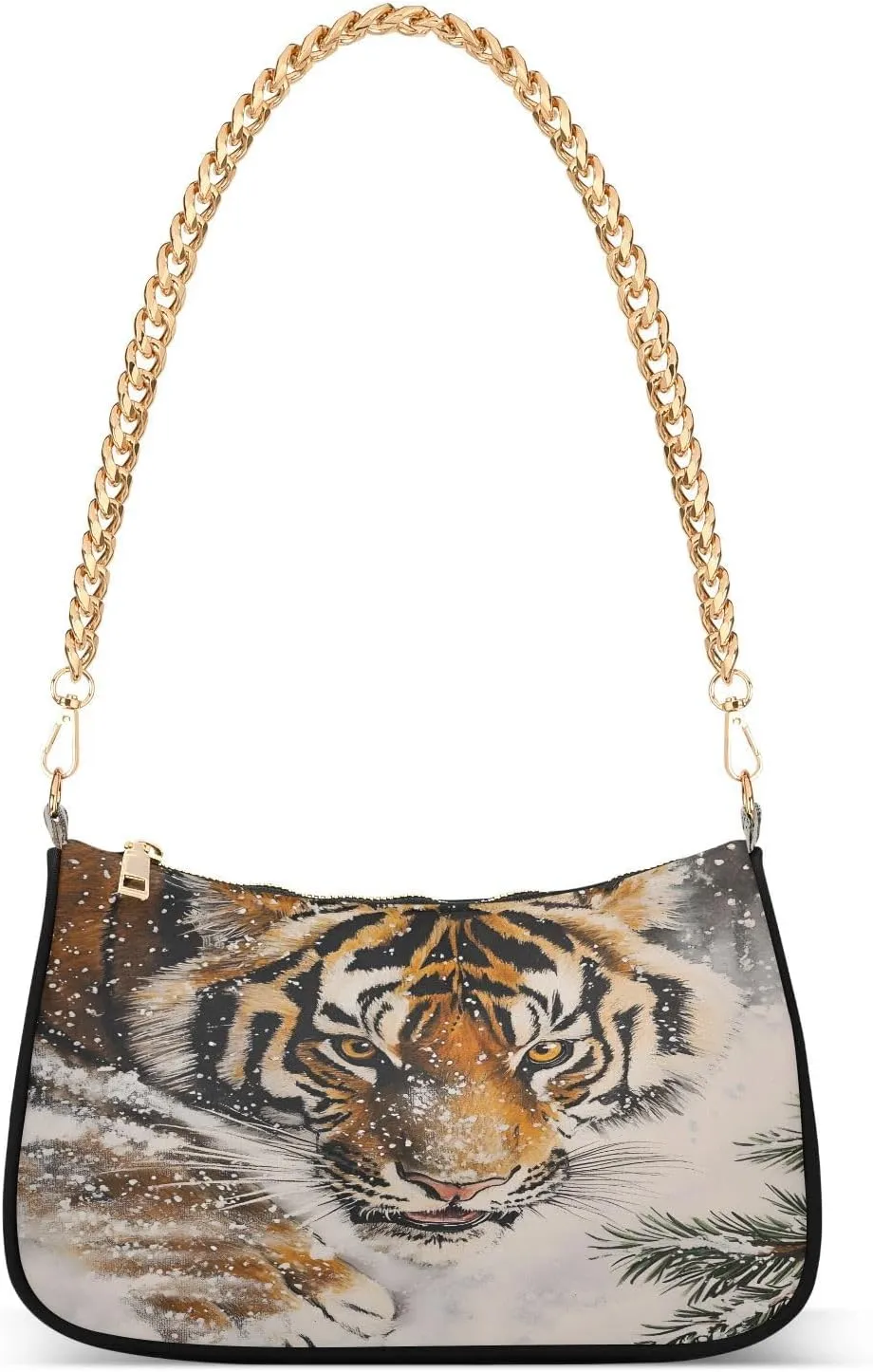 Tiger Snow Winter Pine Tree Chain Shoulder Bag Hobo Tote Handbag Mini Clutch Purse with Zipper Closure for Women