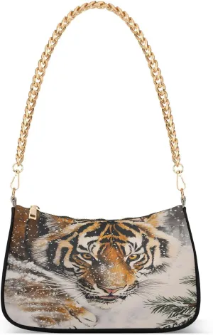Tiger Snow Winter Pine Tree Chain Shoulder Bag Hobo Tote Handbag Mini Clutch Purse with Zipper Closure for Women