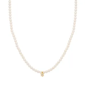 Tiny Mini Freshwater Pearl Necklace Solid 925 Sterling Silver Cubic Zirconia SmallCZ Charm Pendant Necklace Freshwater Pearl Bead with Charm Choker Necklace (Gold)