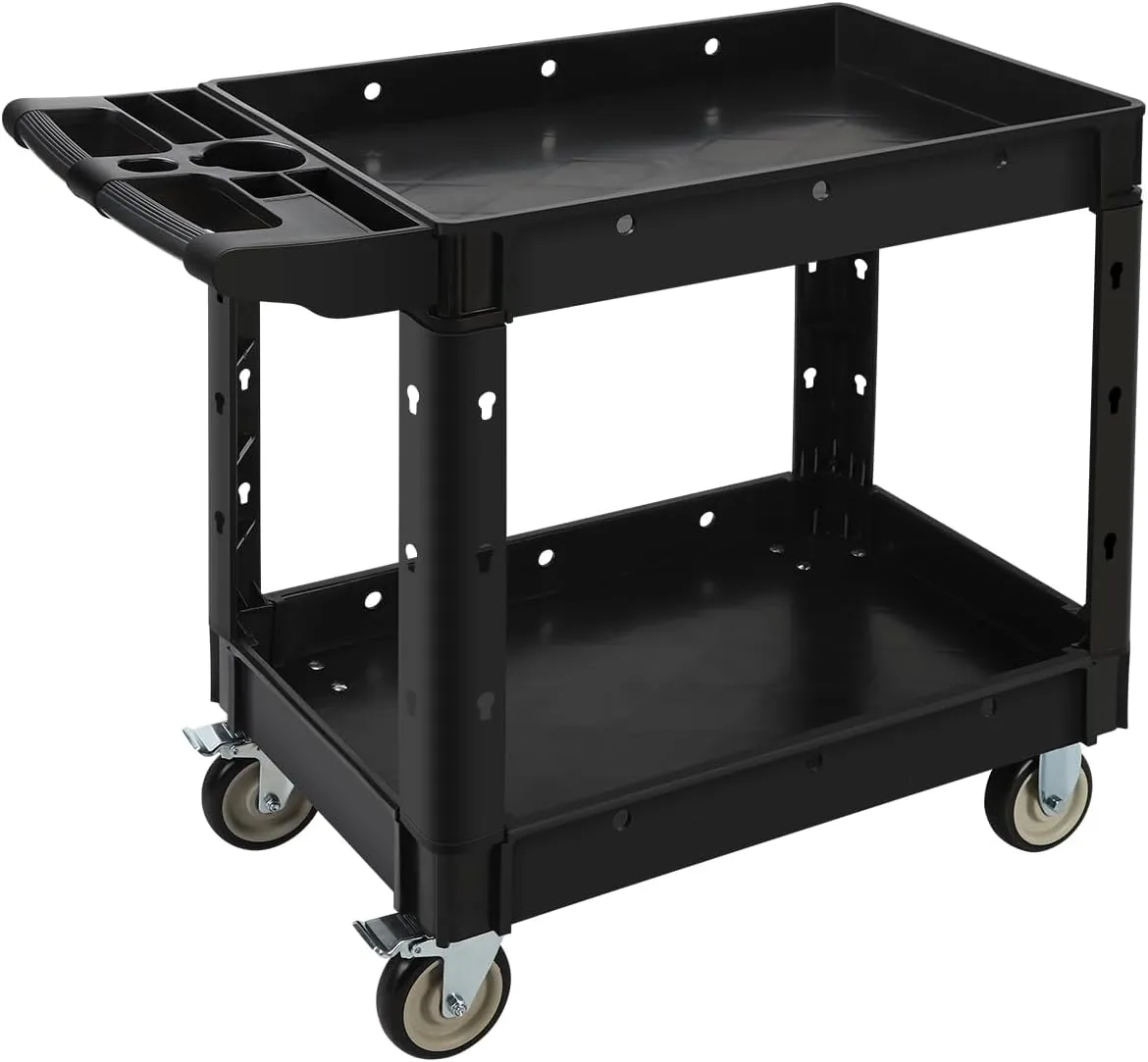 Tool Cart on Wheels, Rolling Utility Cart, 2 Tier 550LBS Heavy Duty Cart with Wheels, Service Cart with Ergonomic Storage Handle, Great for Garage, Warehouse, Workshop, Office, Cleaning Black