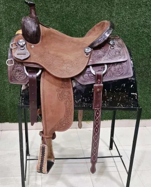 Tooled Leather Rodeo Cowboy Saddles | Western Trail Saddle Horse | Leather Hand Tooled Trail Riding & Barrel Racing Horse Saddle for Ranchers Cowboys | Durable Equine Supplies